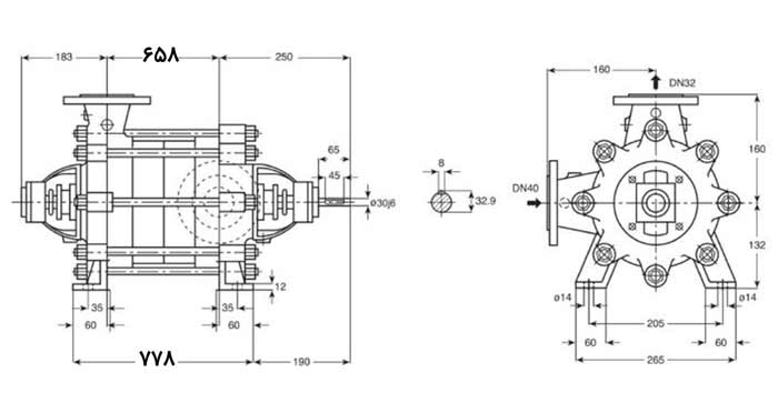 ابعاد پمپ فشار قوی پمپیران مدل WKL 32.13-3kw