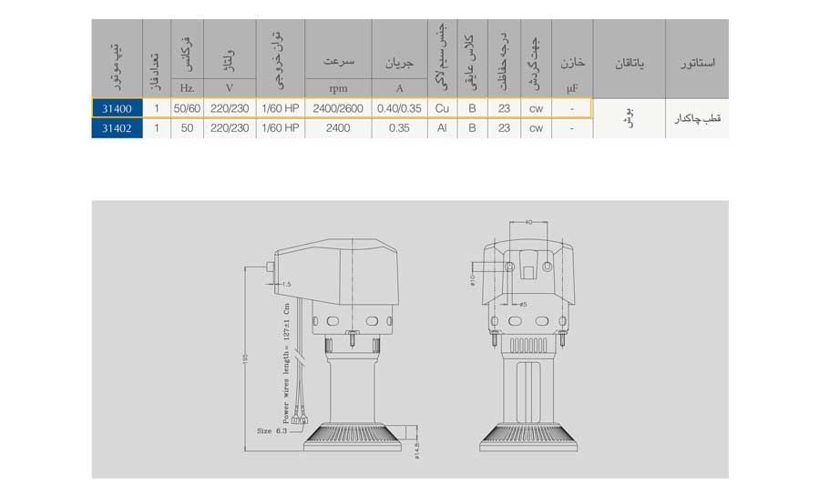 جدول مشخصات فنی و ابعاد پمپ آب کولر الکتروژن