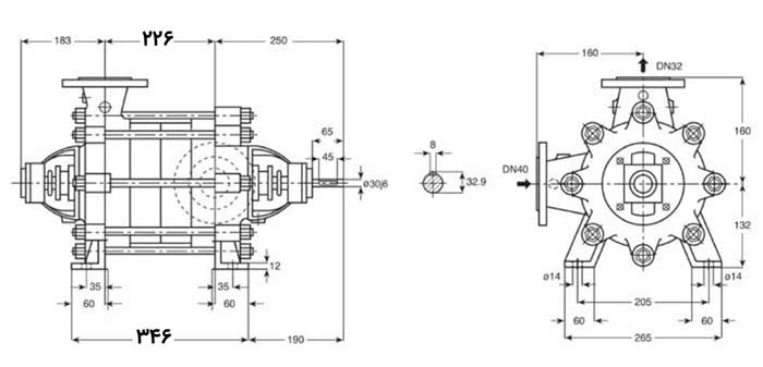ابعاد پمپ فشار قوی پمپیران مدل WKL 32.4-7.5kw