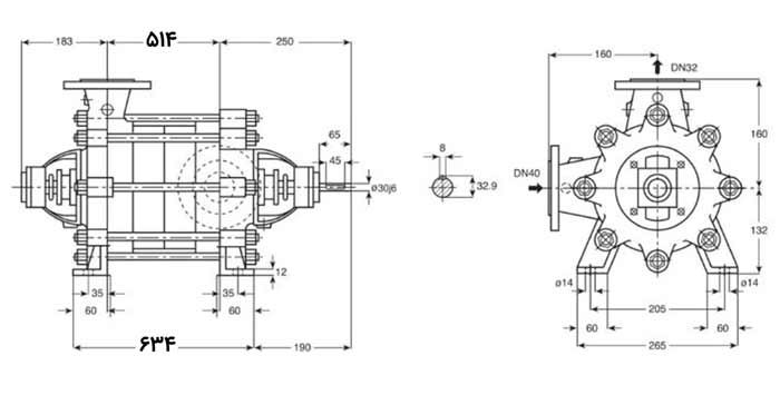 ابعاد پمپ فشار قوی پمپیران مدل WKL 32.10-18.5kw